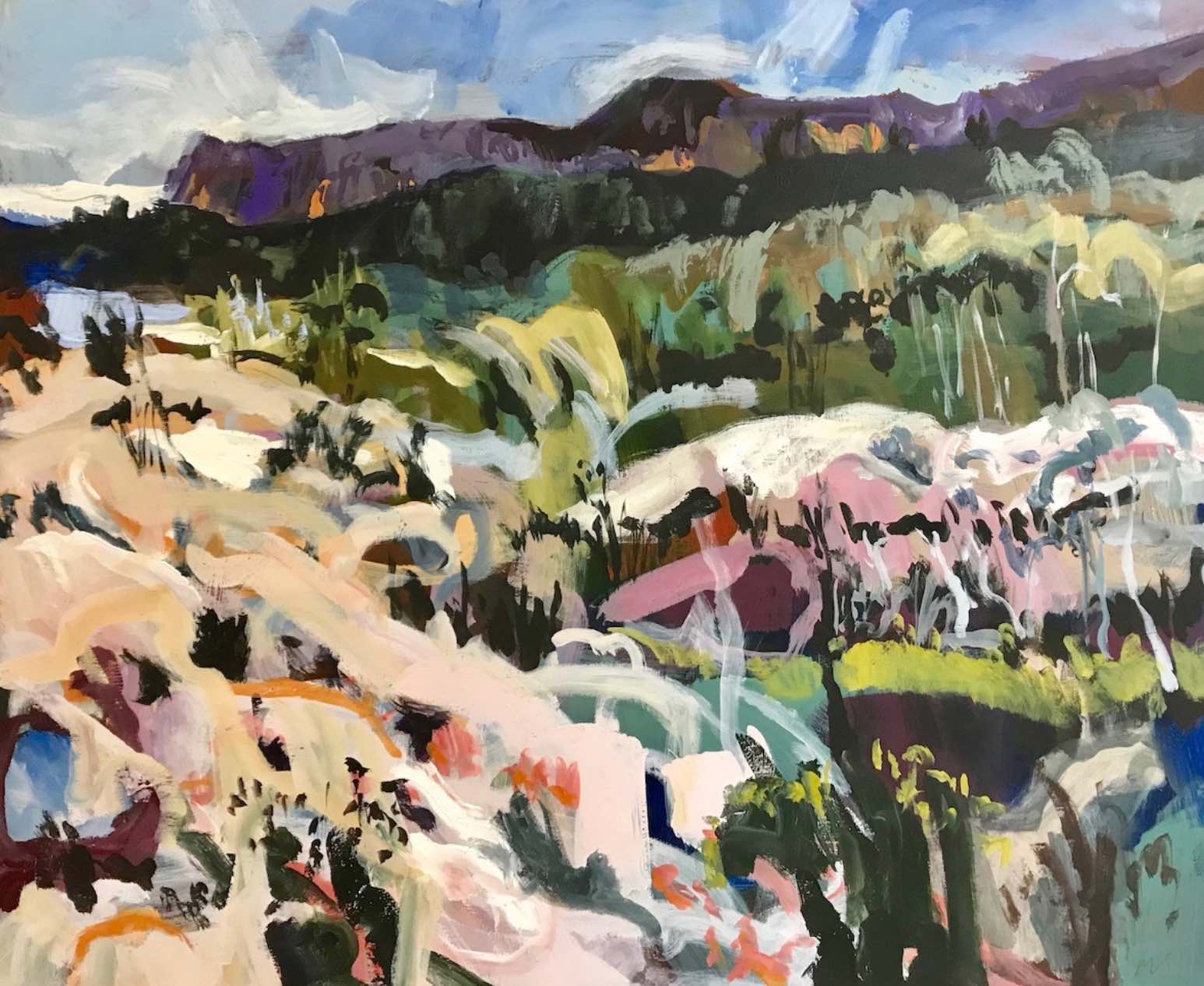 near-far A colourful painting by an Australian artist shows a landscape with vibrant, abstract mountains in orange and pink hues, green and yellow trees in the foreground, and a cloudy sky with purple and grey tones.