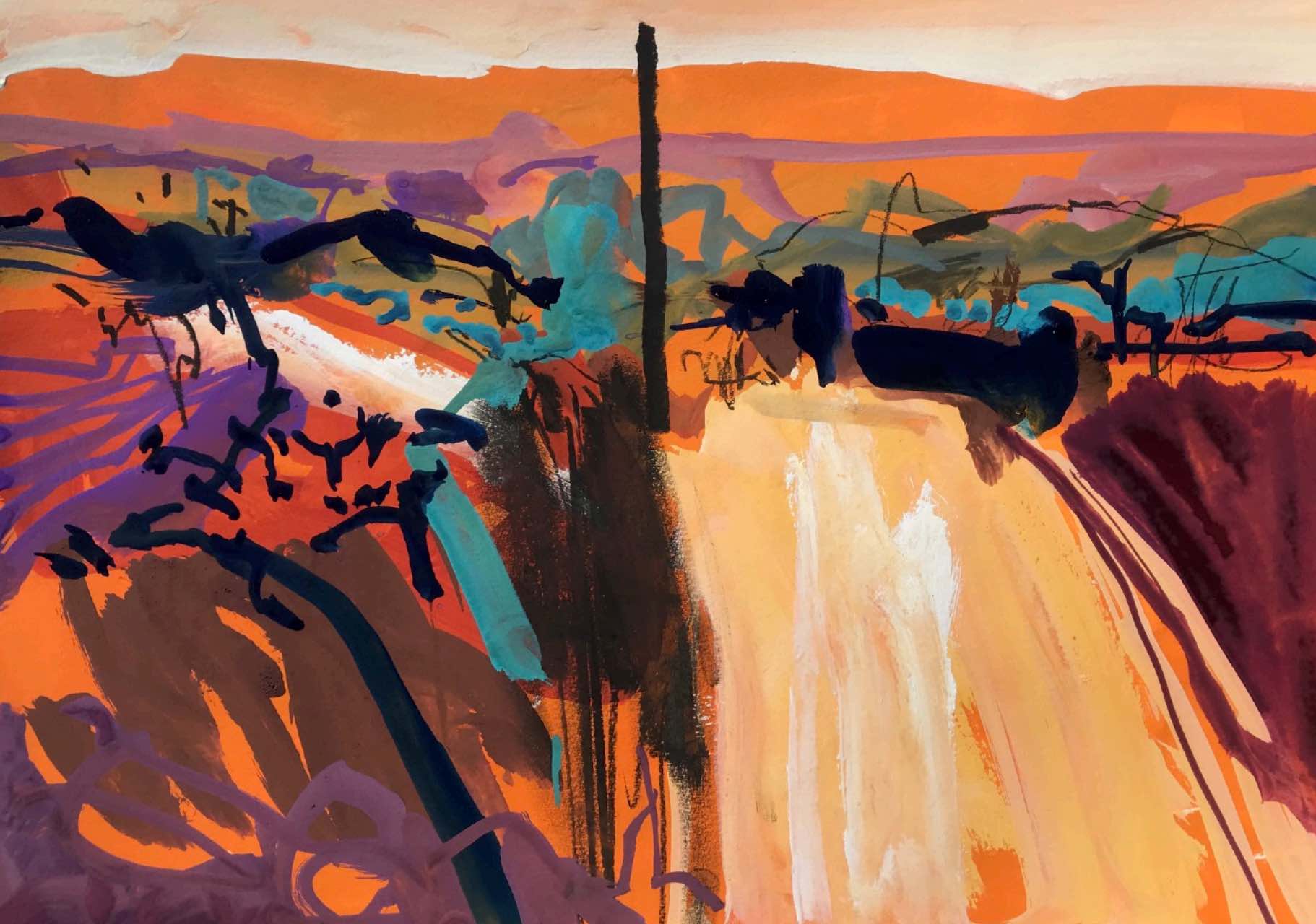 song-of-travel A colourful painting by an Australian artist shows a landscape with vibrant, abstract mountains in orange and pink hues, green and yellow trees in the foreground, and a cloudy sky with purple and grey tones.