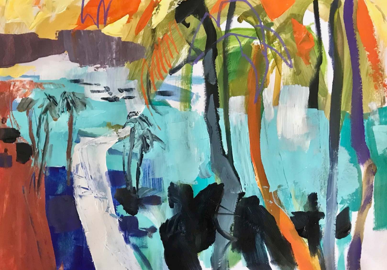waterworks A colourful painting by an Australian artist shows a landscape with vibrant, abstract mountains in orange and pink hues, green and yellow trees in the foreground, and a cloudy sky with purple and grey tones.